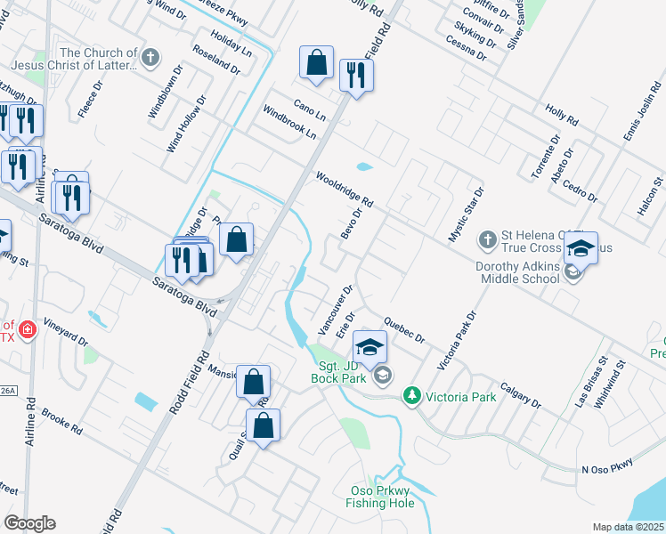 map of restaurants, bars, coffee shops, grocery stores, and more near 2617 Reveille Drive in Corpus Christi