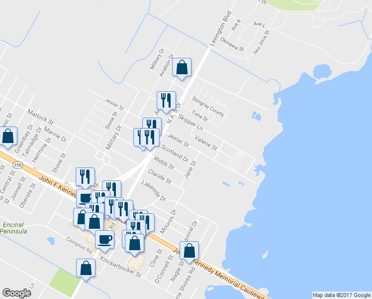 map of restaurants, bars, coffee shops, grocery stores, and more near 425 Jester Street in Corpus Christi