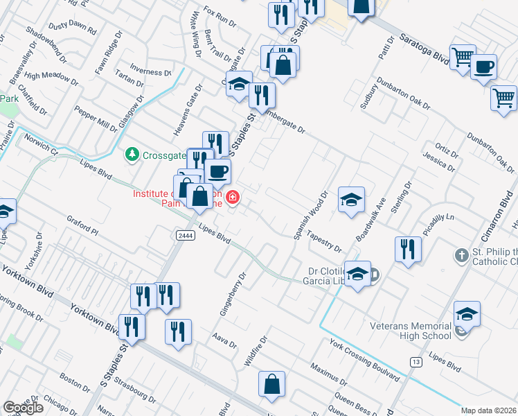 map of restaurants, bars, coffee shops, grocery stores, and more near 7009 Saar Court in Corpus Christi