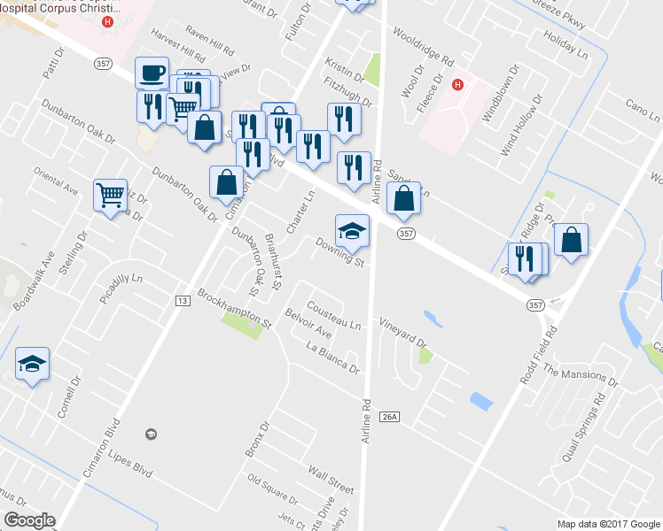 map of restaurants, bars, coffee shops, grocery stores, and more near 6645 Downing St in Corpus Christi