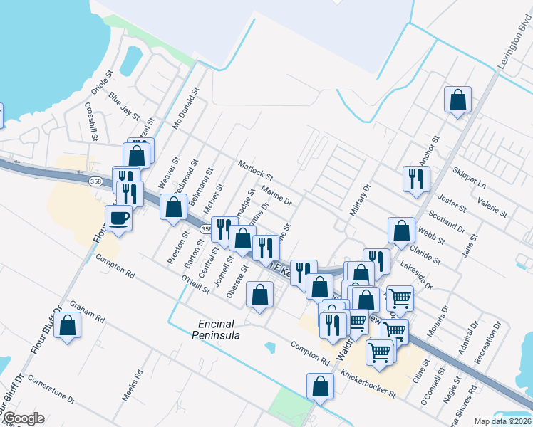 map of restaurants, bars, coffee shops, grocery stores, and more near 1409 Dewitt Street in Corpus Christi