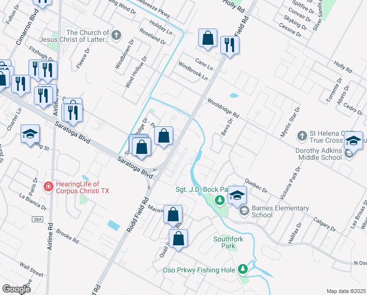 map of restaurants, bars, coffee shops, grocery stores, and more near 2702 Rodd Field Road in Corpus Christi
