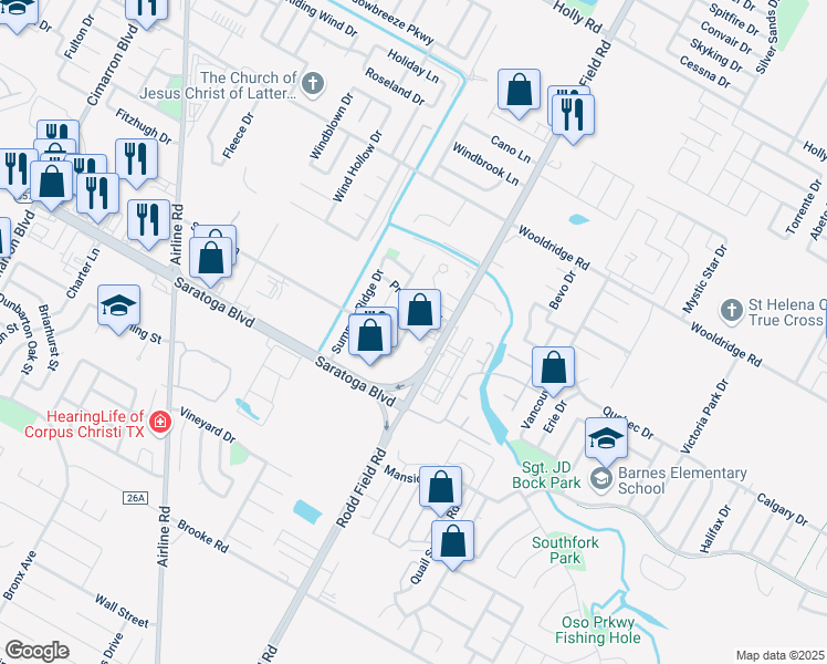 map of restaurants, bars, coffee shops, grocery stores, and more near 7125 Laramie Lane in Corpus Christi