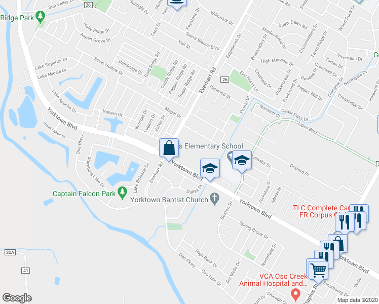 map of restaurants, bars, coffee shops, grocery stores, and more near 4834 Yorktown Boulevard in Corpus Christi