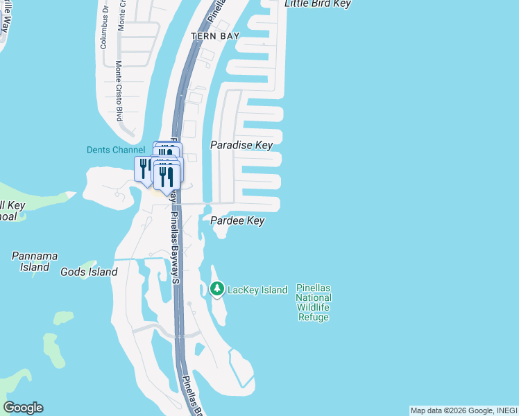 map of restaurants, bars, coffee shops, grocery stores, and more near 114 13th Street East in Tierra Verde