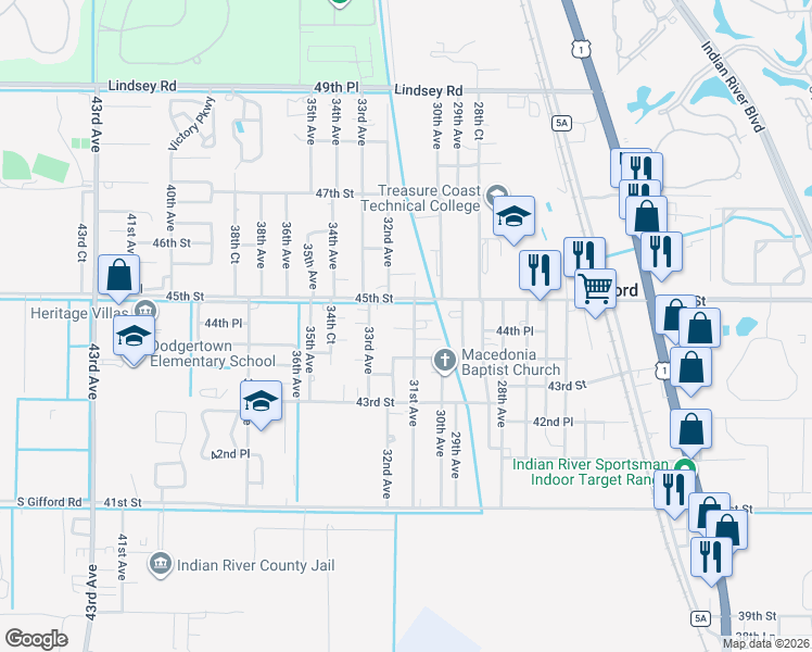 map of restaurants, bars, coffee shops, grocery stores, and more near 3150 44th Street in Vero Beach