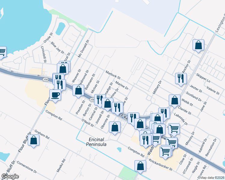 map of restaurants, bars, coffee shops, grocery stores, and more near 1409 Dewitt Street in Corpus Christi