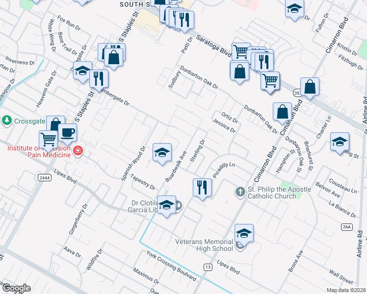 map of restaurants, bars, coffee shops, grocery stores, and more near 6030 Ventnor Place in Corpus Christi