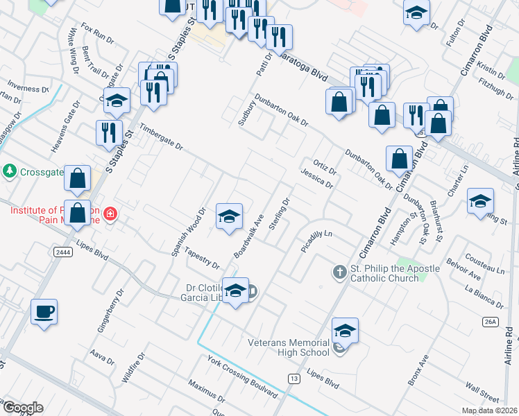 map of restaurants, bars, coffee shops, grocery stores, and more near 6030 Ventnor Place in Corpus Christi