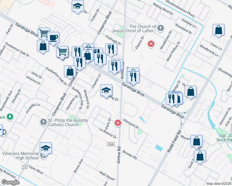 map of restaurants, bars, coffee shops, grocery stores, and more near 6625 Saratoga Boulevard in Corpus Christi