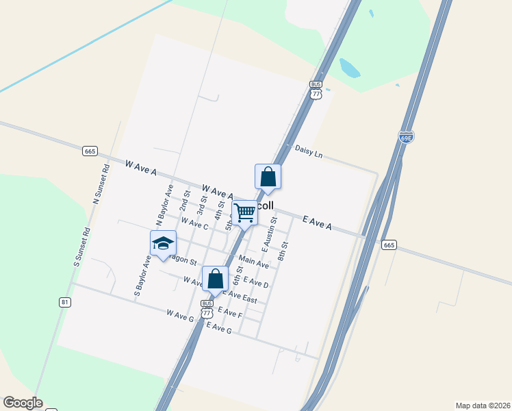 map of restaurants, bars, coffee shops, grocery stores, and more near in Driscoll