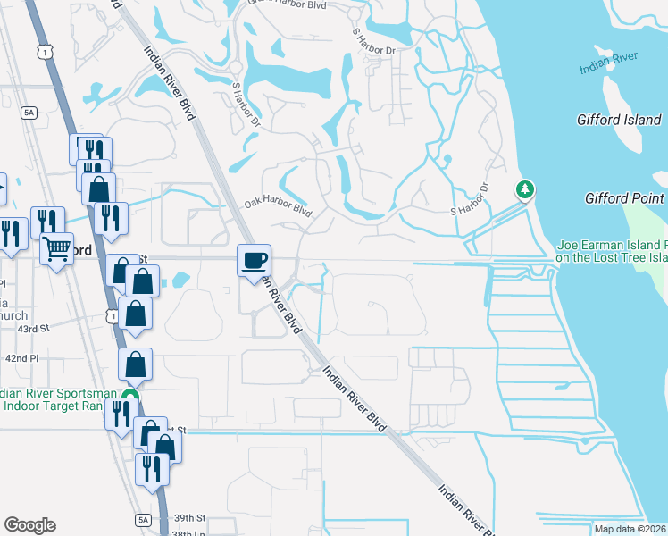 map of restaurants, bars, coffee shops, grocery stores, and more near 1001 River Wind Circle in Vero Beach