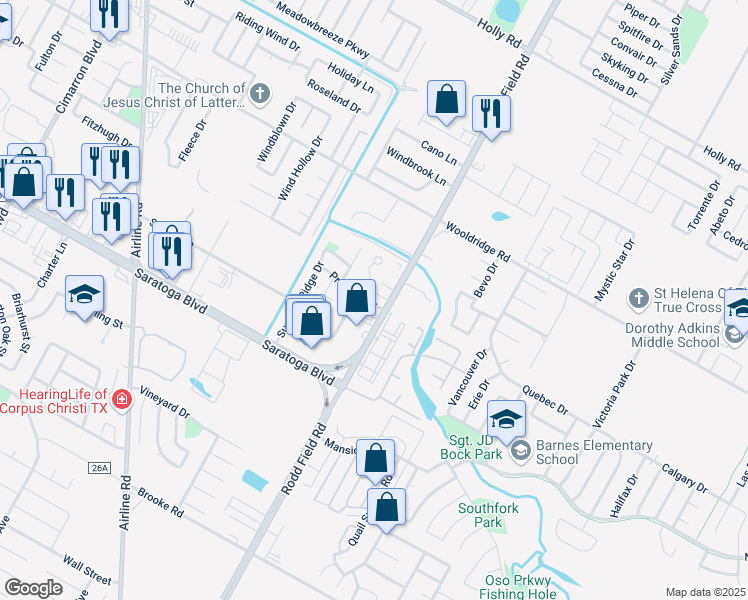 map of restaurants, bars, coffee shops, grocery stores, and more near 7122 Premont Drive in Corpus Christi