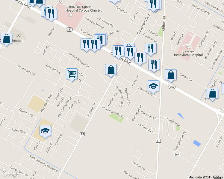 map of restaurants, bars, coffee shops, grocery stores, and more near 3109 Dunbarton Oak Street in Corpus Christi