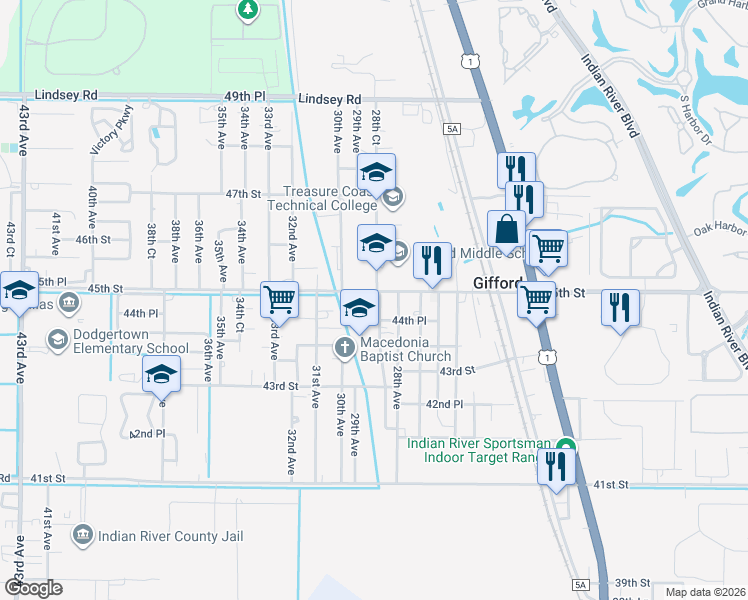 map of restaurants, bars, coffee shops, grocery stores, and more near 2871 45th Street in Vero Beach