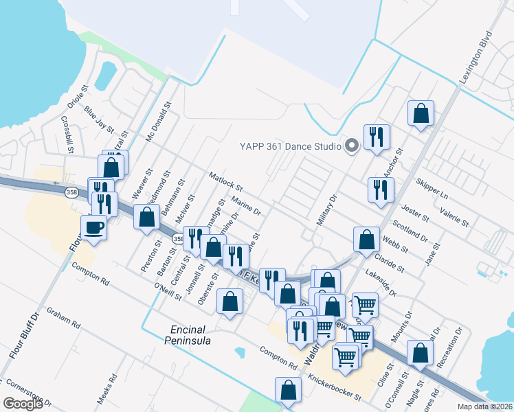 map of restaurants, bars, coffee shops, grocery stores, and more near 1318 Marine Drive in Corpus Christi