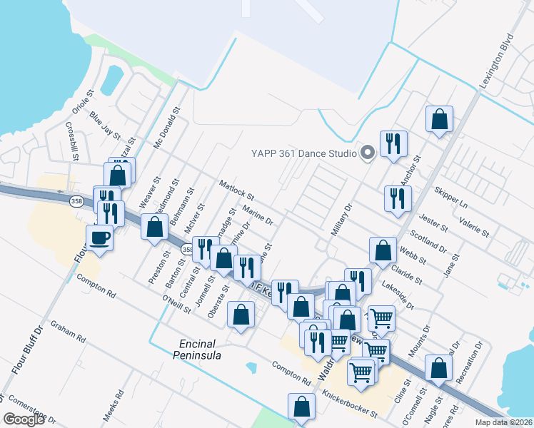 map of restaurants, bars, coffee shops, grocery stores, and more near 1318 Marine Drive in Corpus Christi