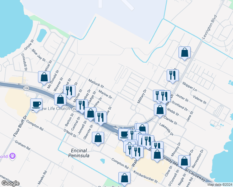 map of restaurants, bars, coffee shops, grocery stores, and more near 850 Stone Street in Corpus Christi