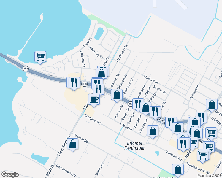 map of restaurants, bars, coffee shops, grocery stores, and more near 9702 South Padre Island Drive in Corpus Christi