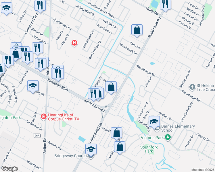 map of restaurants, bars, coffee shops, grocery stores, and more near 2728 Blackstone Circle in Corpus Christi