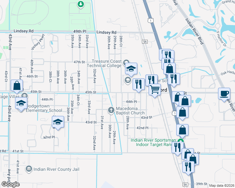 map of restaurants, bars, coffee shops, grocery stores, and more near 2871 45th Street in Vero Beach
