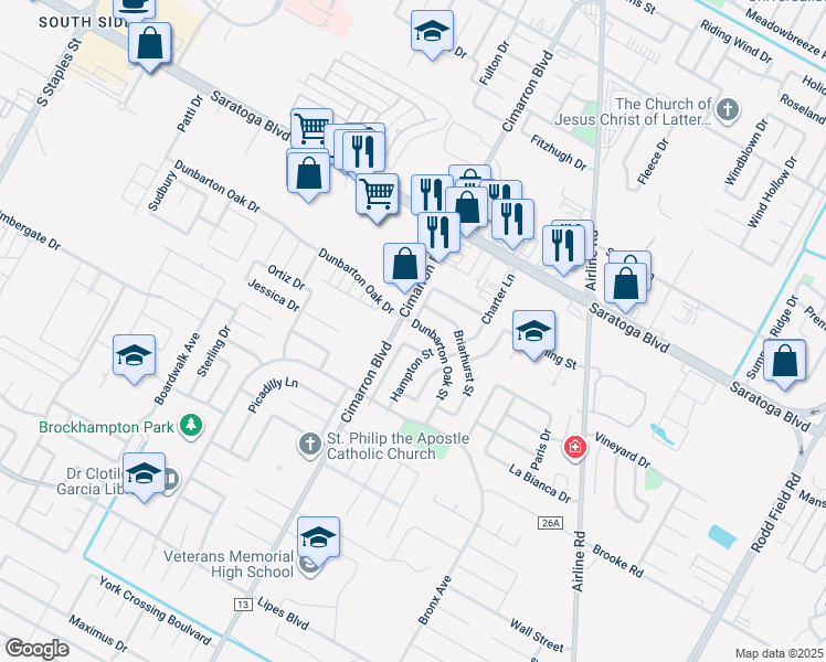 map of restaurants, bars, coffee shops, grocery stores, and more near 3109 Dunbarton Oak Street in Corpus Christi