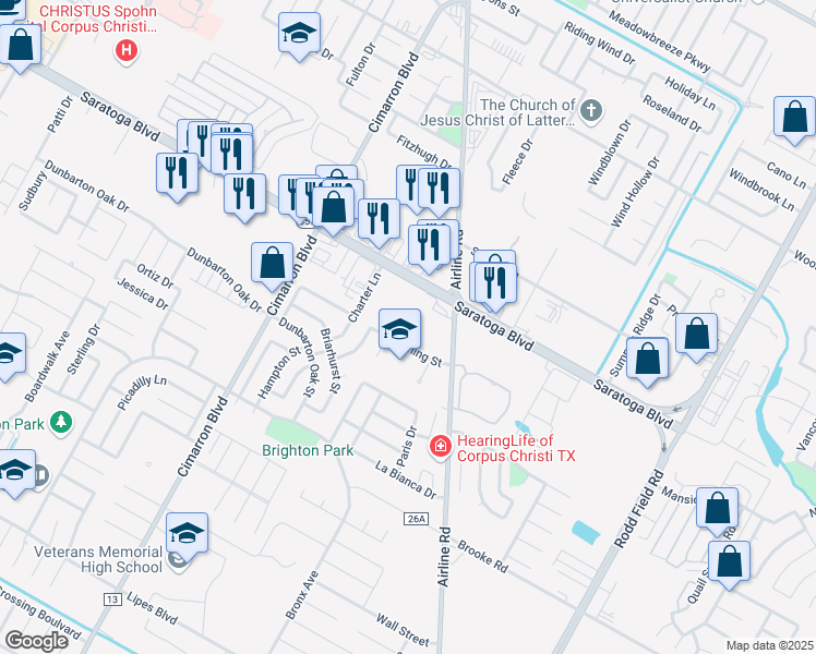 map of restaurants, bars, coffee shops, grocery stores, and more near 6610 Downing Street in Corpus Christi