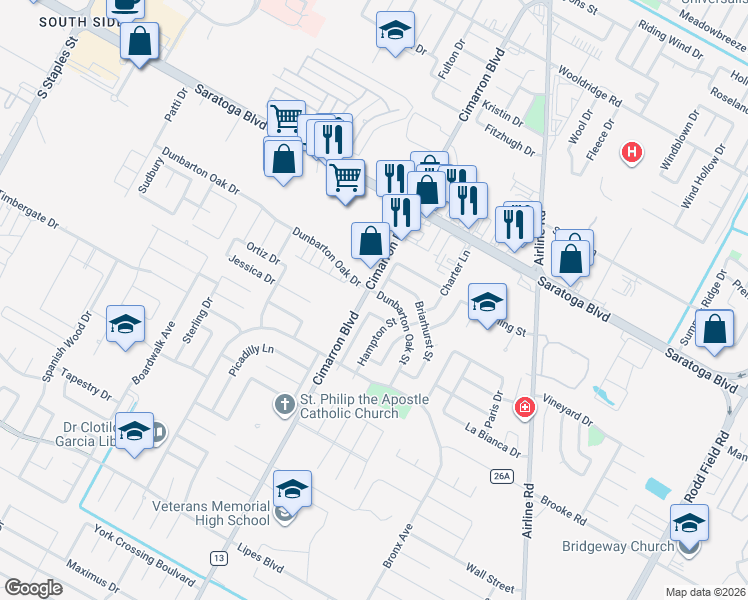 map of restaurants, bars, coffee shops, grocery stores, and more near 3109 Dunbarton Oak Street in Corpus Christi