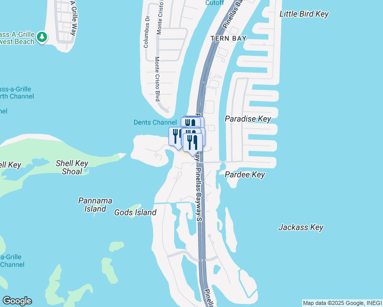 map of restaurants, bars, coffee shops, grocery stores, and more near 1120 Pinellas Bayway South in Tierra Verde