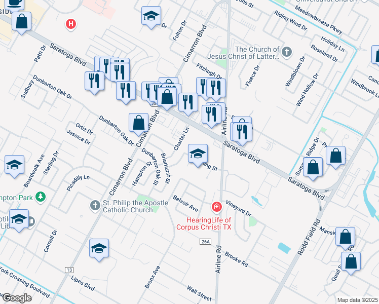map of restaurants, bars, coffee shops, grocery stores, and more near 6610 Downing Street in Corpus Christi