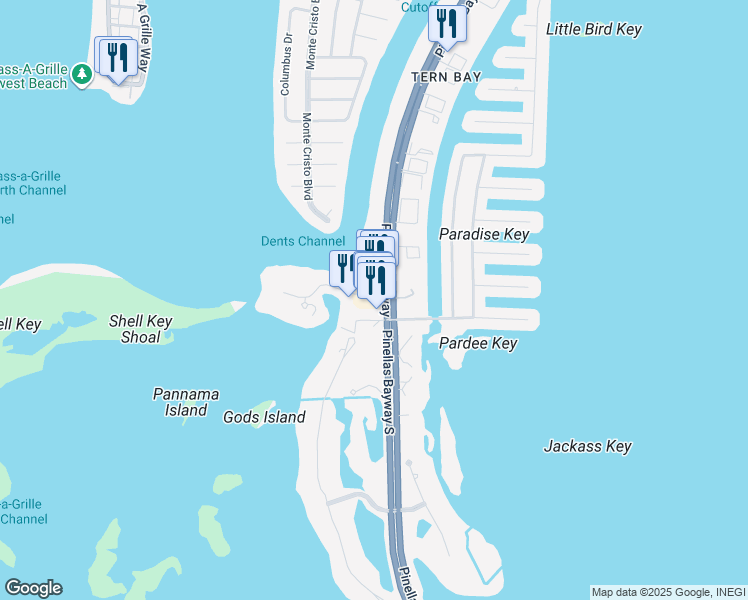 map of restaurants, bars, coffee shops, grocery stores, and more near 1120 Pinellas Bayway South in Tierra Verde