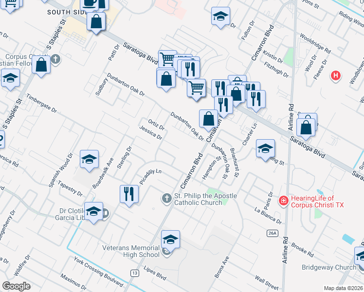 map of restaurants, bars, coffee shops, grocery stores, and more near 6230 Jessica Drive in Corpus Christi