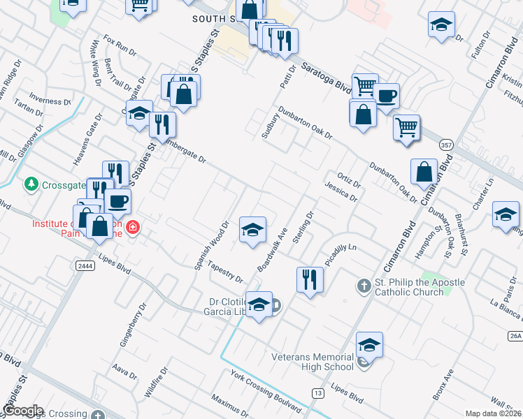 map of restaurants, bars, coffee shops, grocery stores, and more near 6005 Ventnor Place in Corpus Christi