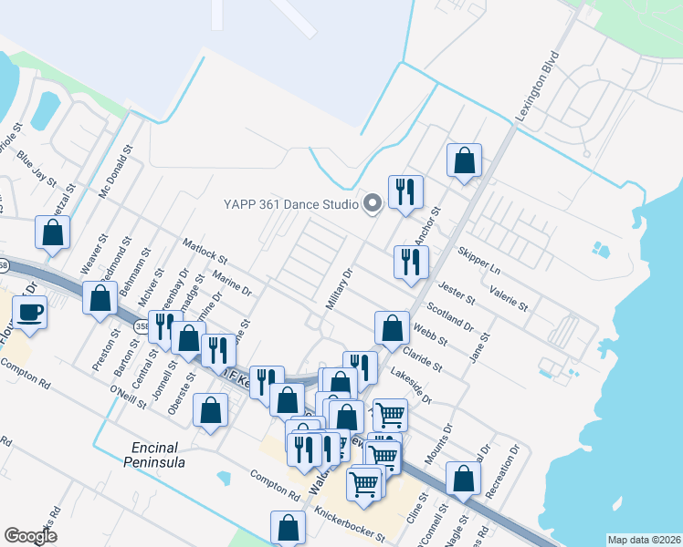 map of restaurants, bars, coffee shops, grocery stores, and more near 618 Military Drive in Corpus Christi