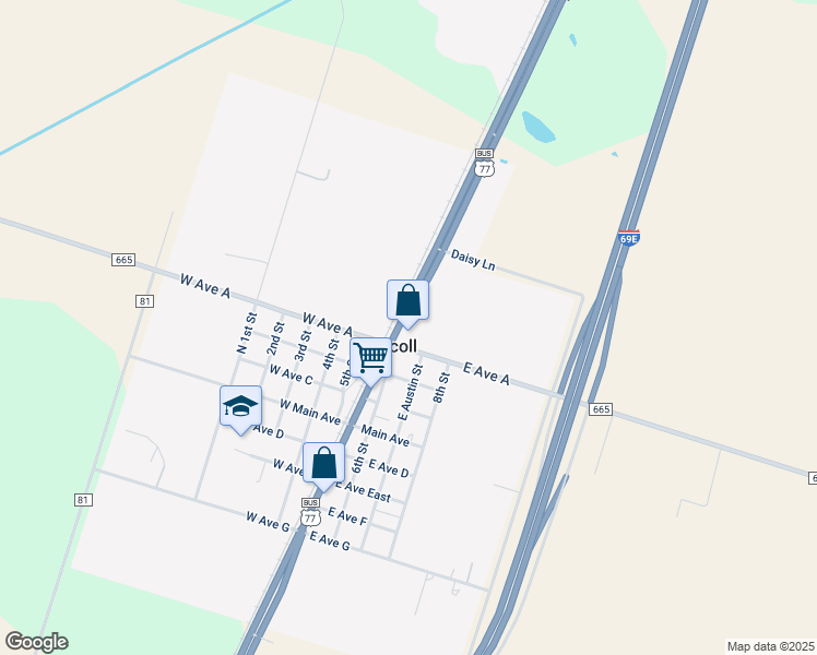 map of restaurants, bars, coffee shops, grocery stores, and more near 412 U.S. 77 in Driscoll