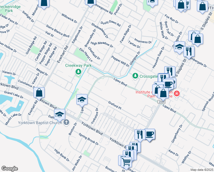 map of restaurants, bars, coffee shops, grocery stores, and more near 7230 Saint James Court in Corpus Christi
