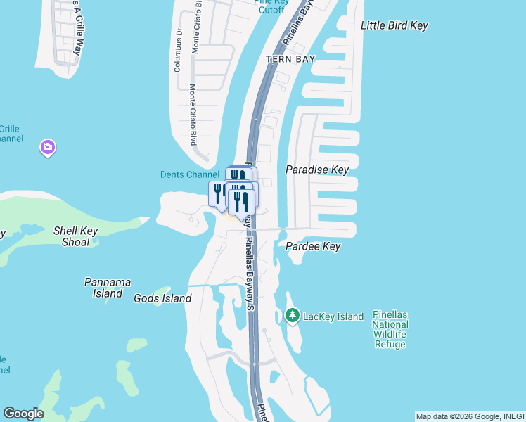 map of restaurants, bars, coffee shops, grocery stores, and more near 1125 Pinellas Bayway South in Tierra Verde