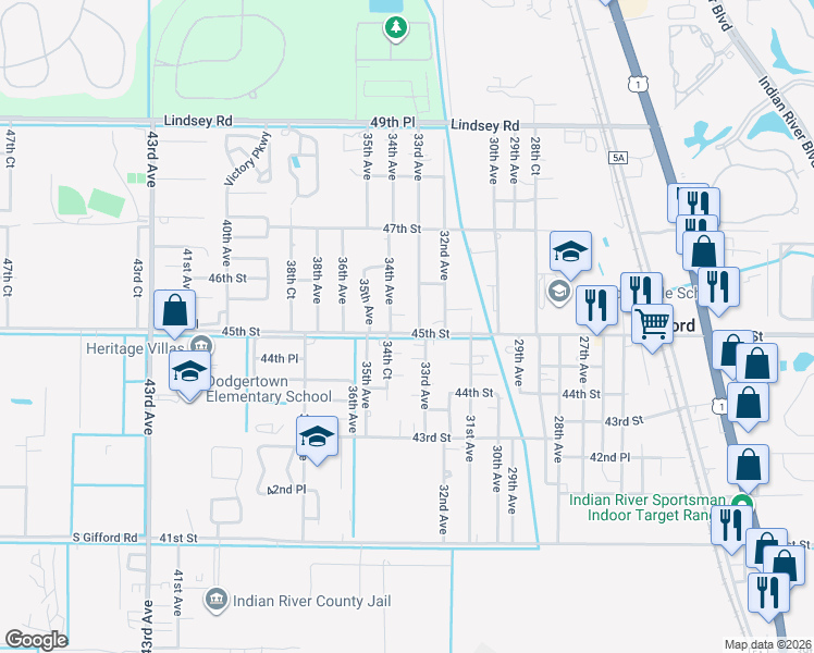 map of restaurants, bars, coffee shops, grocery stores, and more near 3350 45th Street in Vero Beach