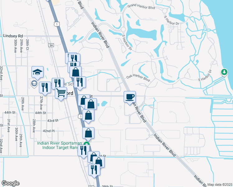 map of restaurants, bars, coffee shops, grocery stores, and more near 1815 Bridgepointe Circle in Vero Beach