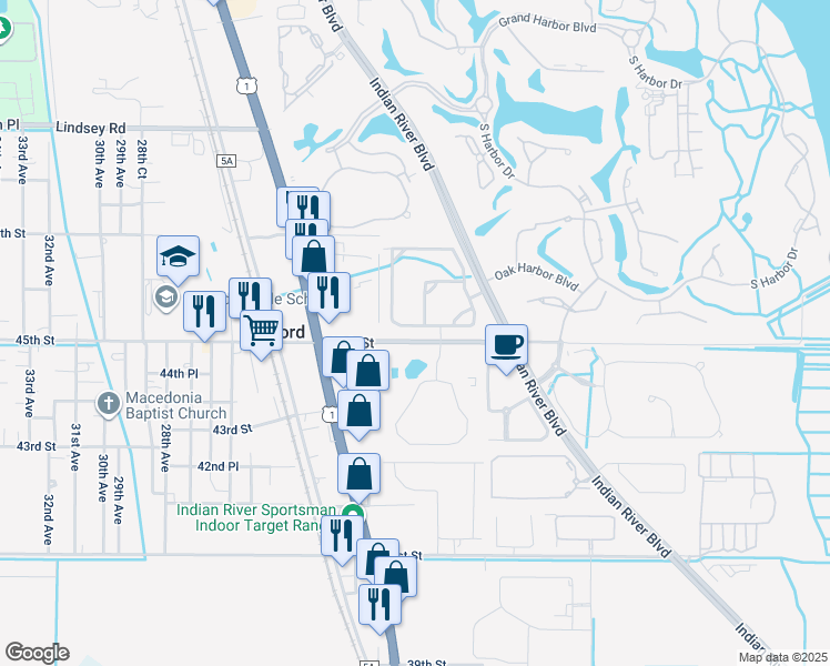 map of restaurants, bars, coffee shops, grocery stores, and more near 1885 Bridgepointe Circle in Vero Beach