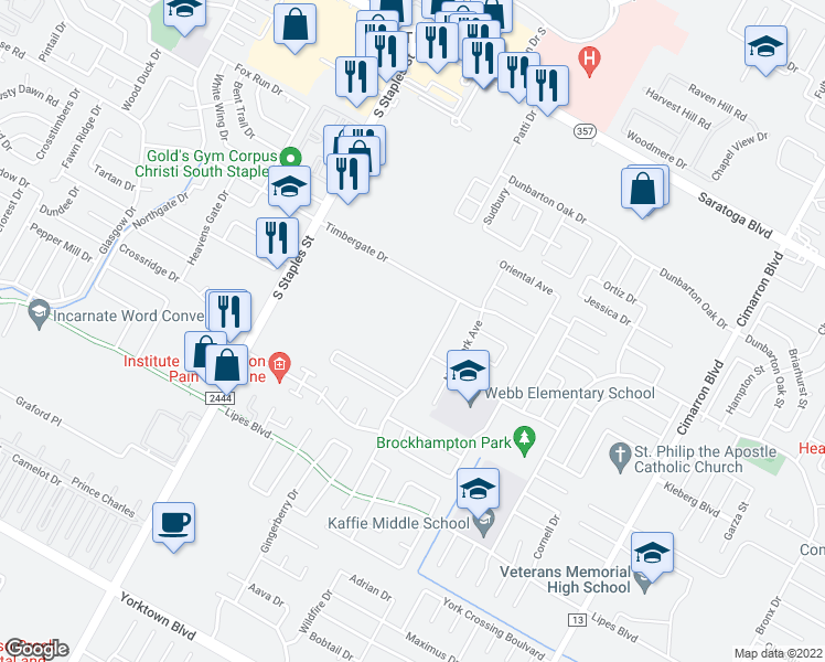 map of restaurants, bars, coffee shops, grocery stores, and more near 5857 Timbergate Drive in Corpus Christi