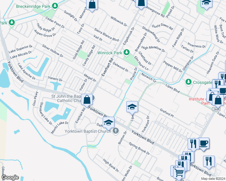 map of restaurants, bars, coffee shops, grocery stores, and more near 7406 Lake Buchanan Court in Corpus Christi