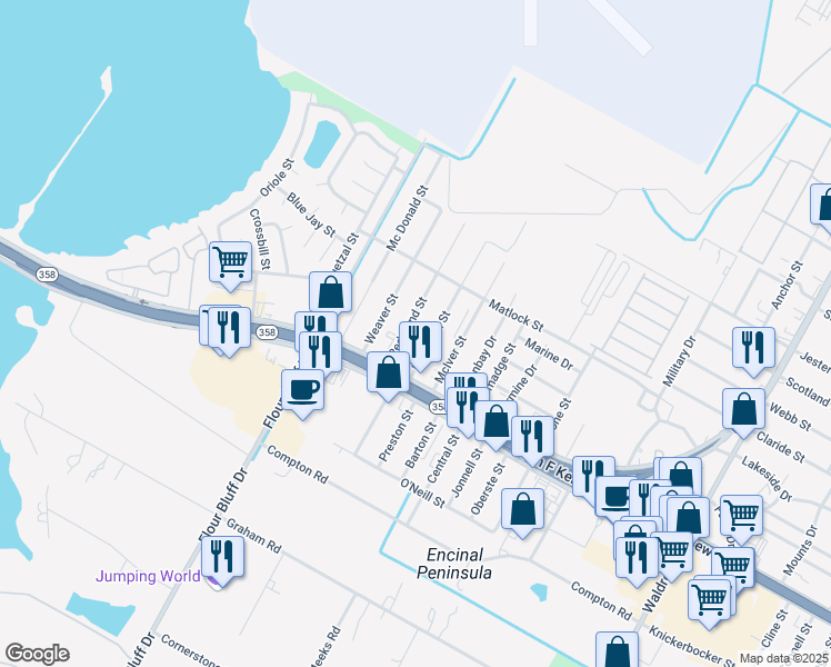 map of restaurants, bars, coffee shops, grocery stores, and more near 1010 Behmann Street in Corpus Christi