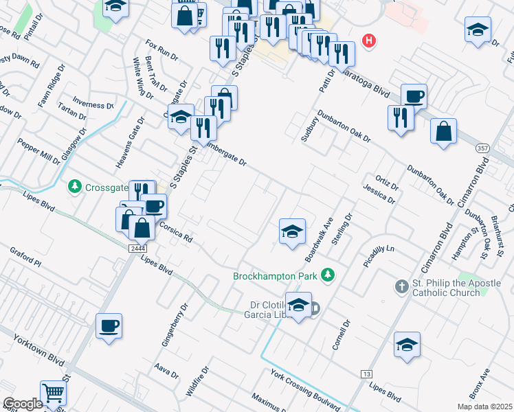 map of restaurants, bars, coffee shops, grocery stores, and more near 5857 Timbergate Drive in Corpus Christi