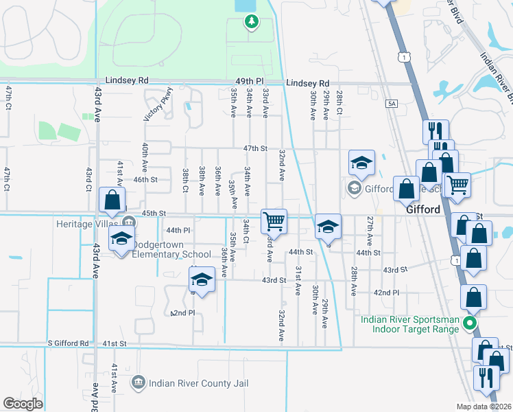map of restaurants, bars, coffee shops, grocery stores, and more near 3350 45th Street in Vero Beach