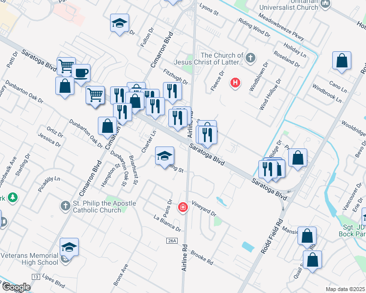map of restaurants, bars, coffee shops, grocery stores, and more near 6625 Saratoga Boulevard in Corpus Christi