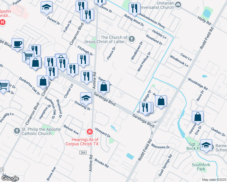 map of restaurants, bars, coffee shops, grocery stores, and more near 6733 Sandra Lane in Corpus Christi