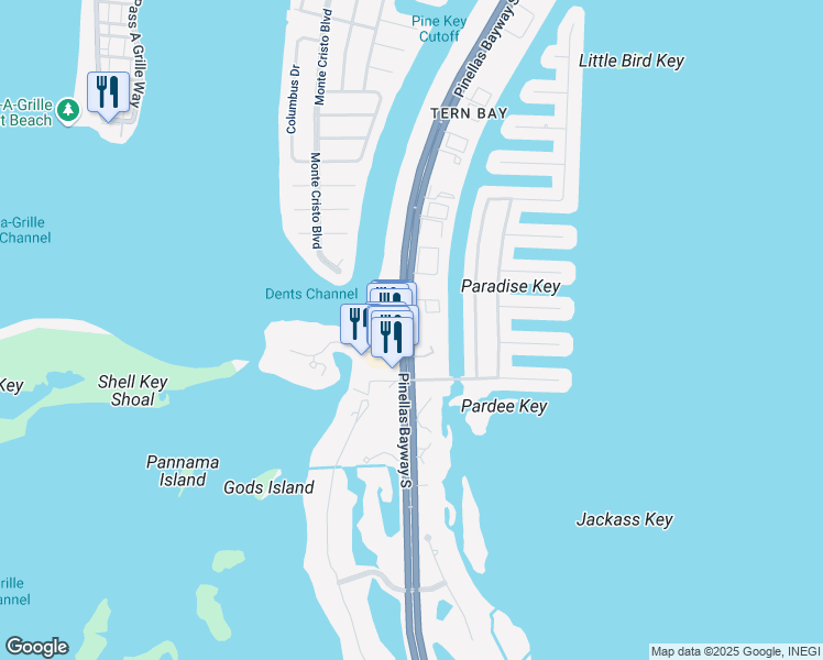 map of restaurants, bars, coffee shops, grocery stores, and more near 1109 Pinellas Bayway South in Tierra Verde