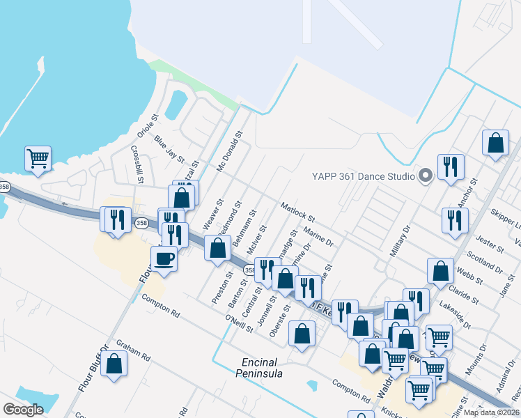 map of restaurants, bars, coffee shops, grocery stores, and more near 914 Behmann Street in Corpus Christi