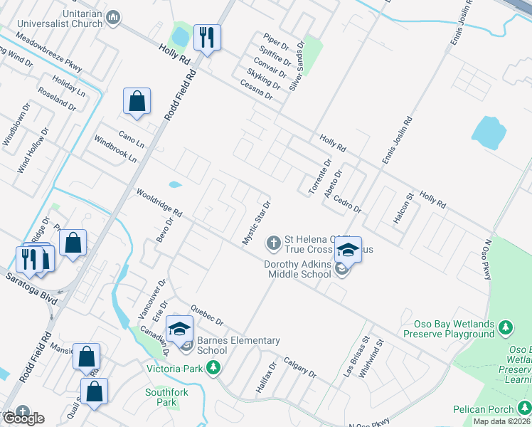 map of restaurants, bars, coffee shops, grocery stores, and more near 2322 Mystic Star Drive in Corpus Christi